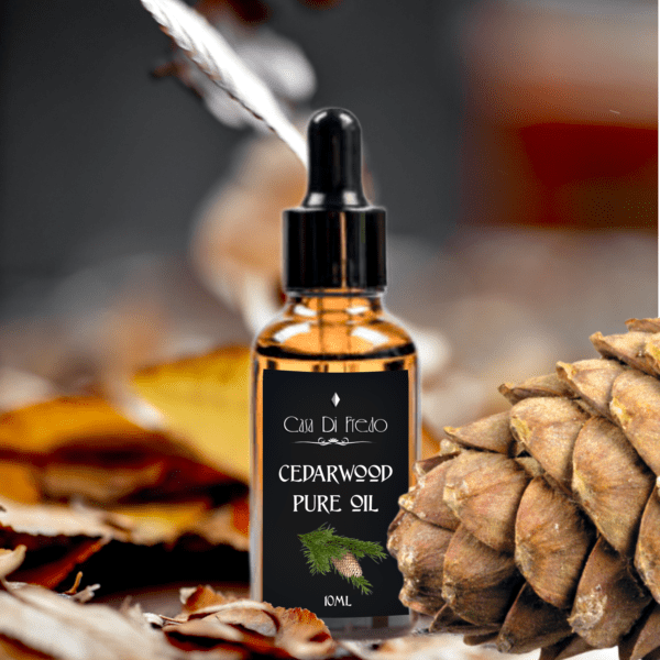 Cedarwood pure oil in a glass bottle.