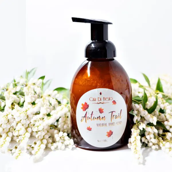 Amber bottle of Autumn Trail natural hand soap.