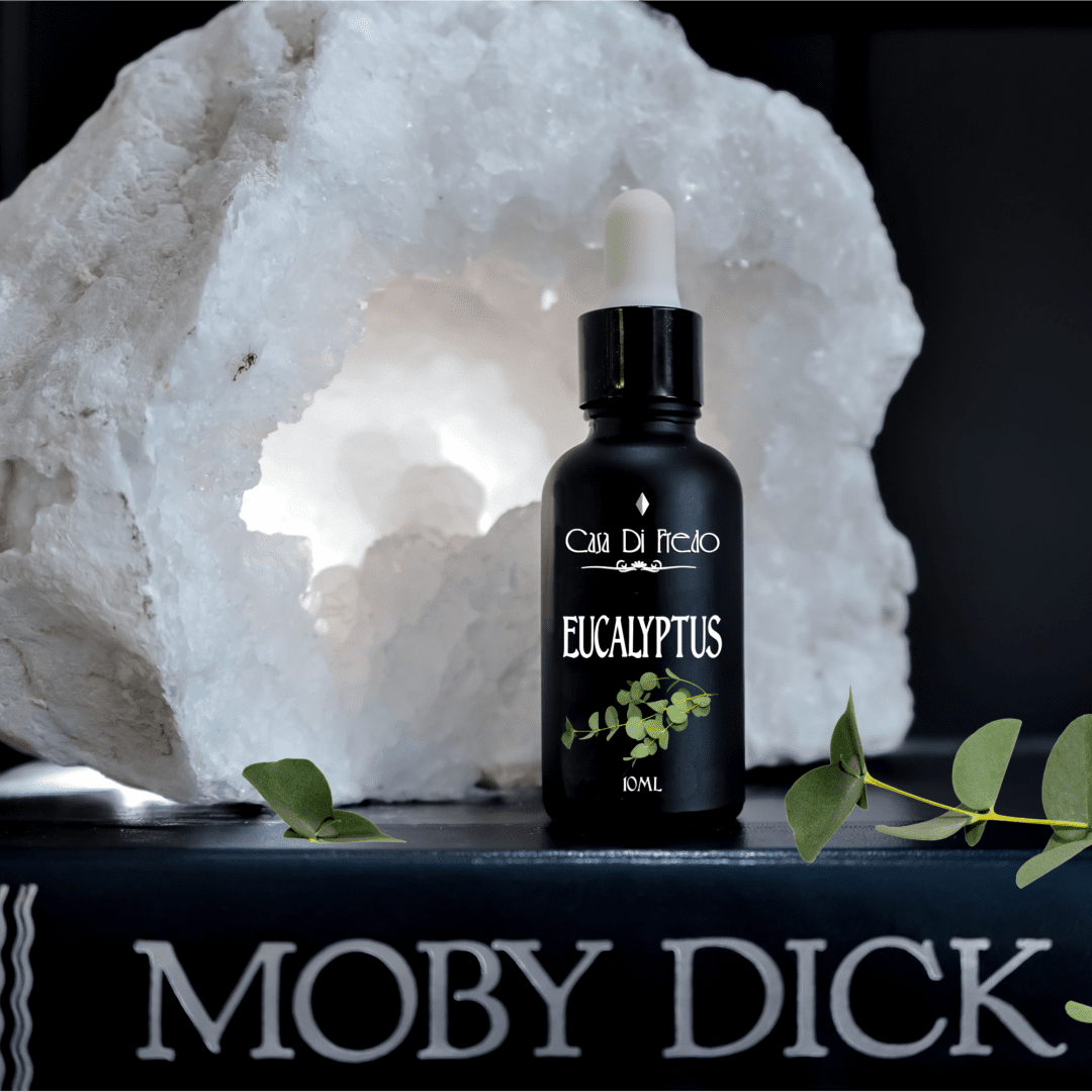 Black bottle of eucalyptus essential oil.