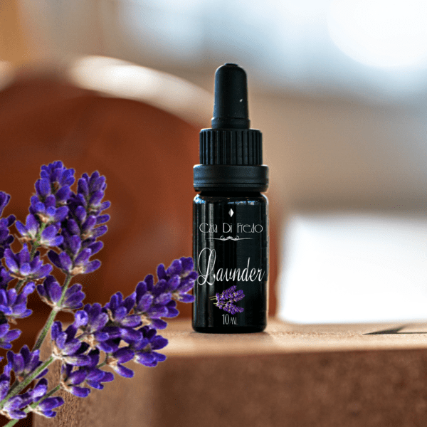 Black bottle of lavender essential oil.