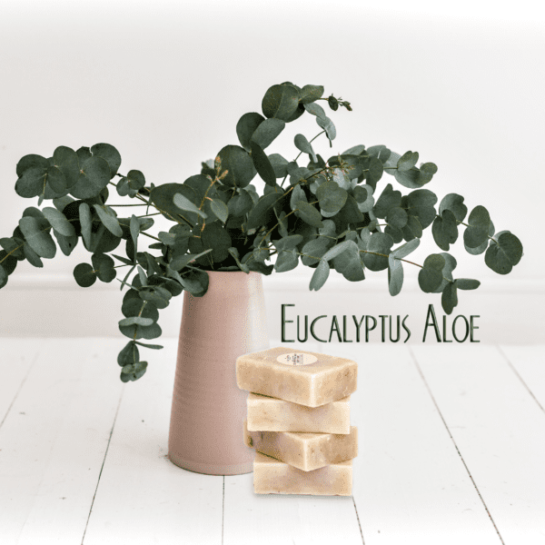 Stack of eucalyptus aloe soap bars.