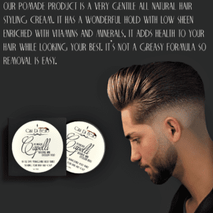 Man with slicked back hair using pomade.