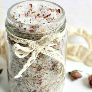 Rose and salt bath soak in jar.