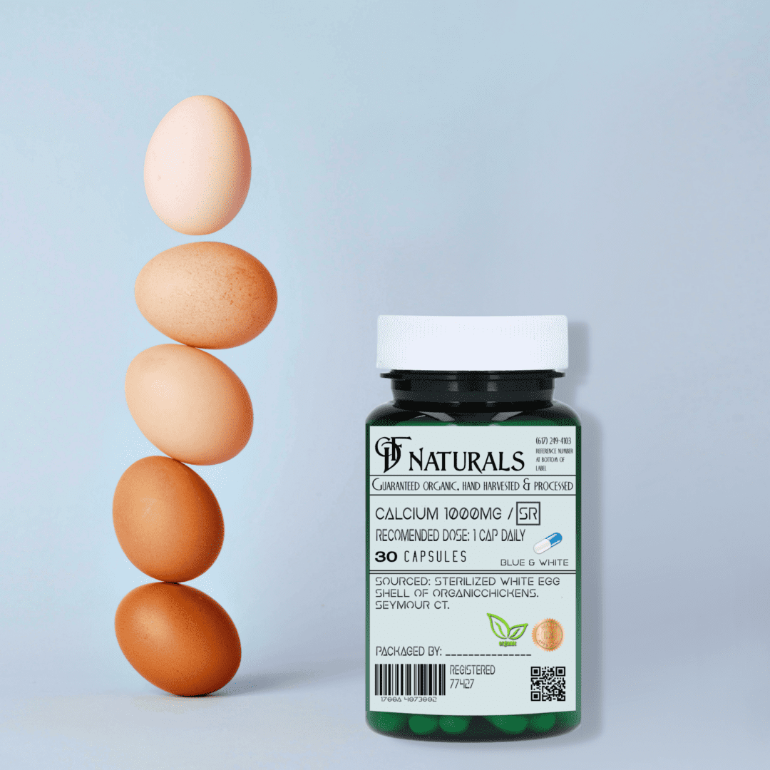 Calcium supplement bottle with eggs.