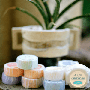 Citrus conditioning bar soaps in a stack.