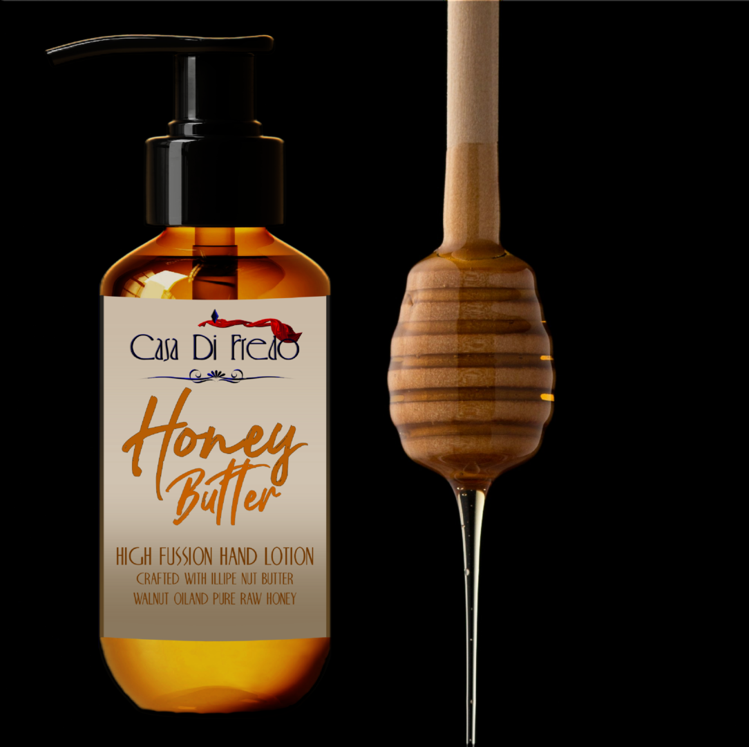 Honey butter hand lotion bottle and dipper.