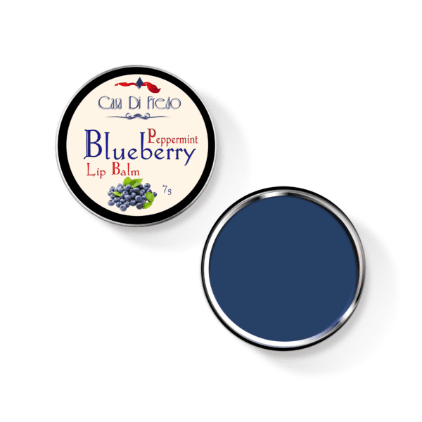 Peppermint blueberry lip balm in a tin.