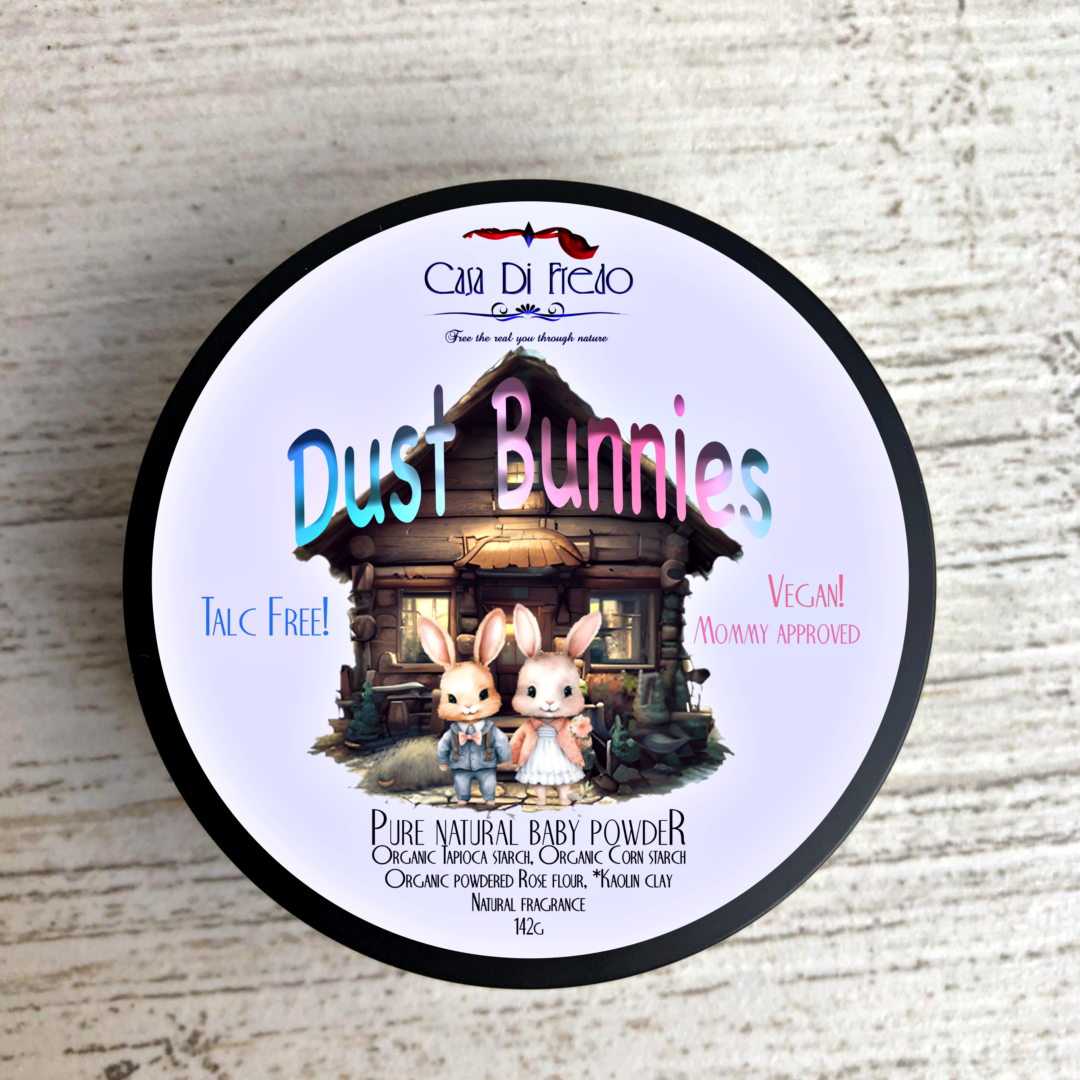 Dust Bunnies baby powder, vegan, talc-free.