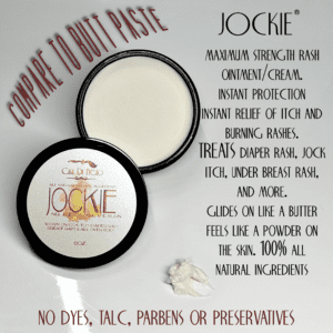 Jockie rash ointment in jar with white cream.