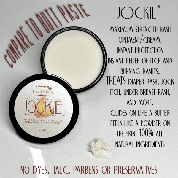 Jockie rash ointment in jar with white cream.