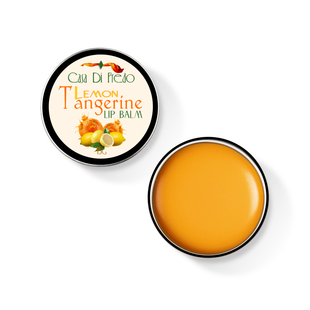 Lemon tangerine lip balm in tin.