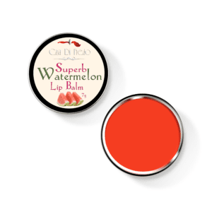 Watermelon lip balm in a tin.