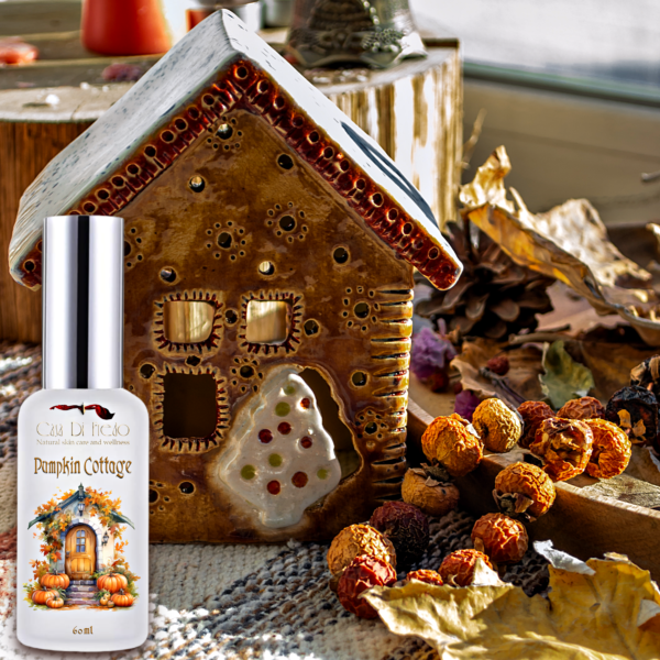 Pumpkin Cottage fragrance bottle and house decoration.