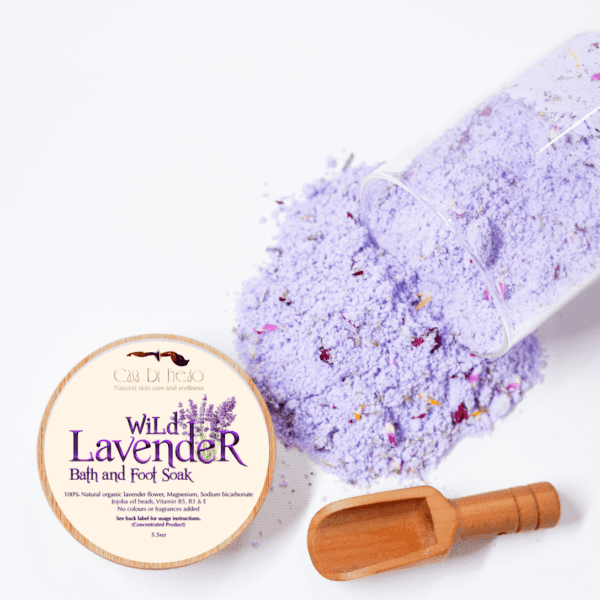 Purple bath salts with lavender flowers.