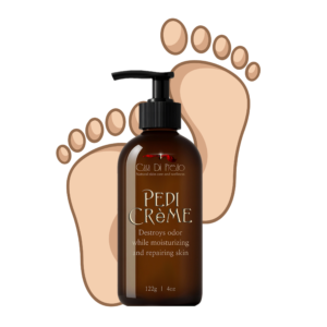 two soles of feet with an image of Pedi Cream in a pump bottle sitting in front of the feet